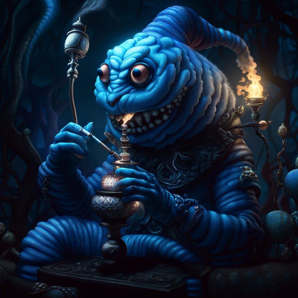 Blue Caterpillar Hookah: Dark Fantasy Concept Art