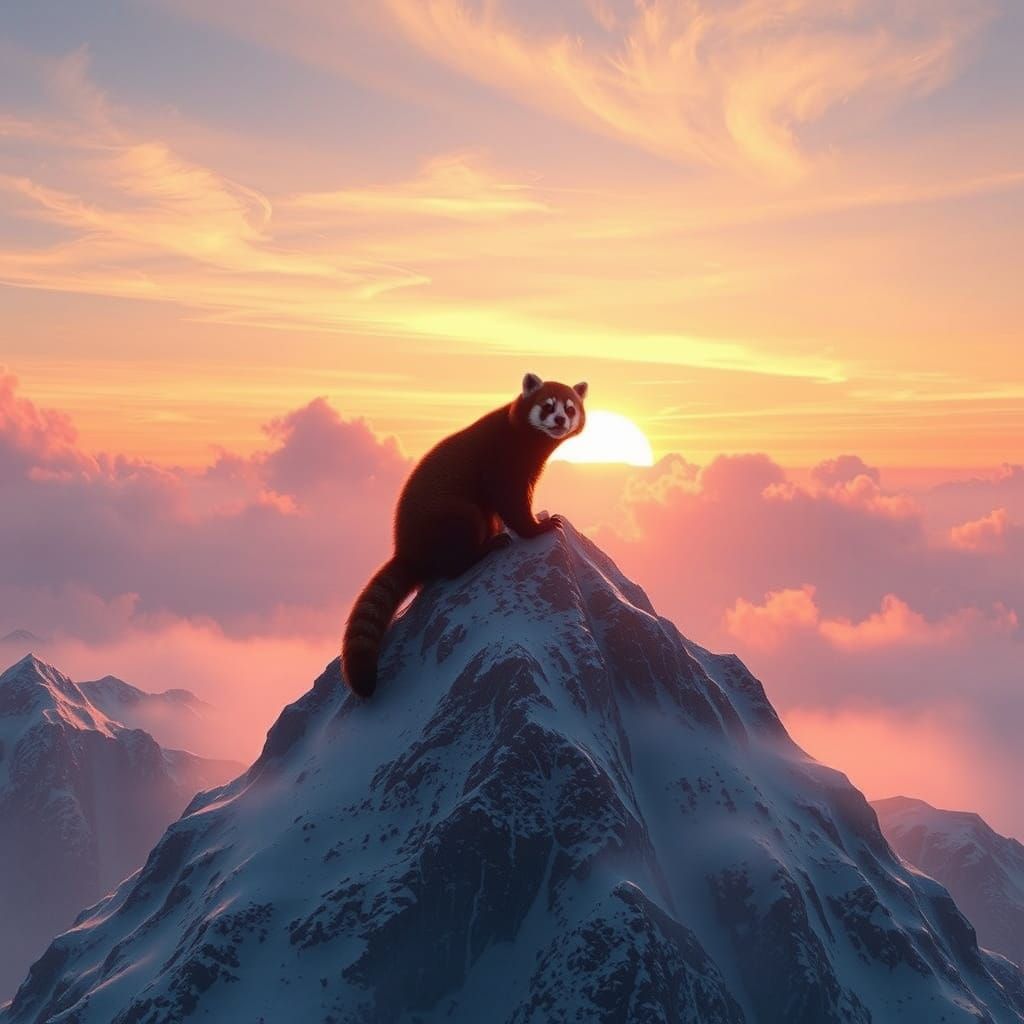 Fantastical Red Panda in a Serene Sunset Landscape