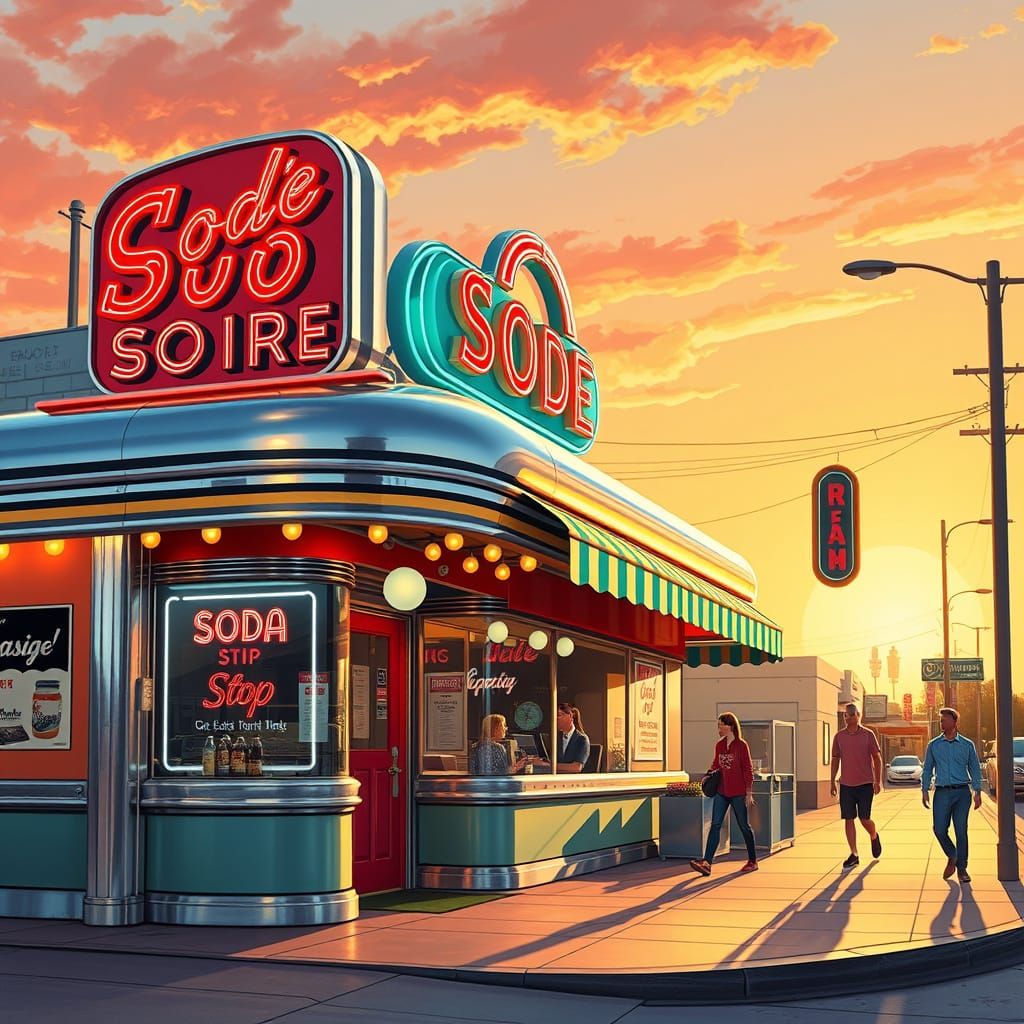 Retro-Futuristic Soda Shop in Warm Sunset Hues