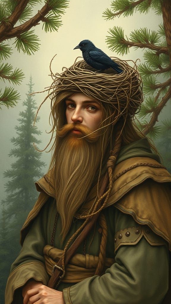 Forest Hermit Wizard with Bird's Nest, Fantasy Art