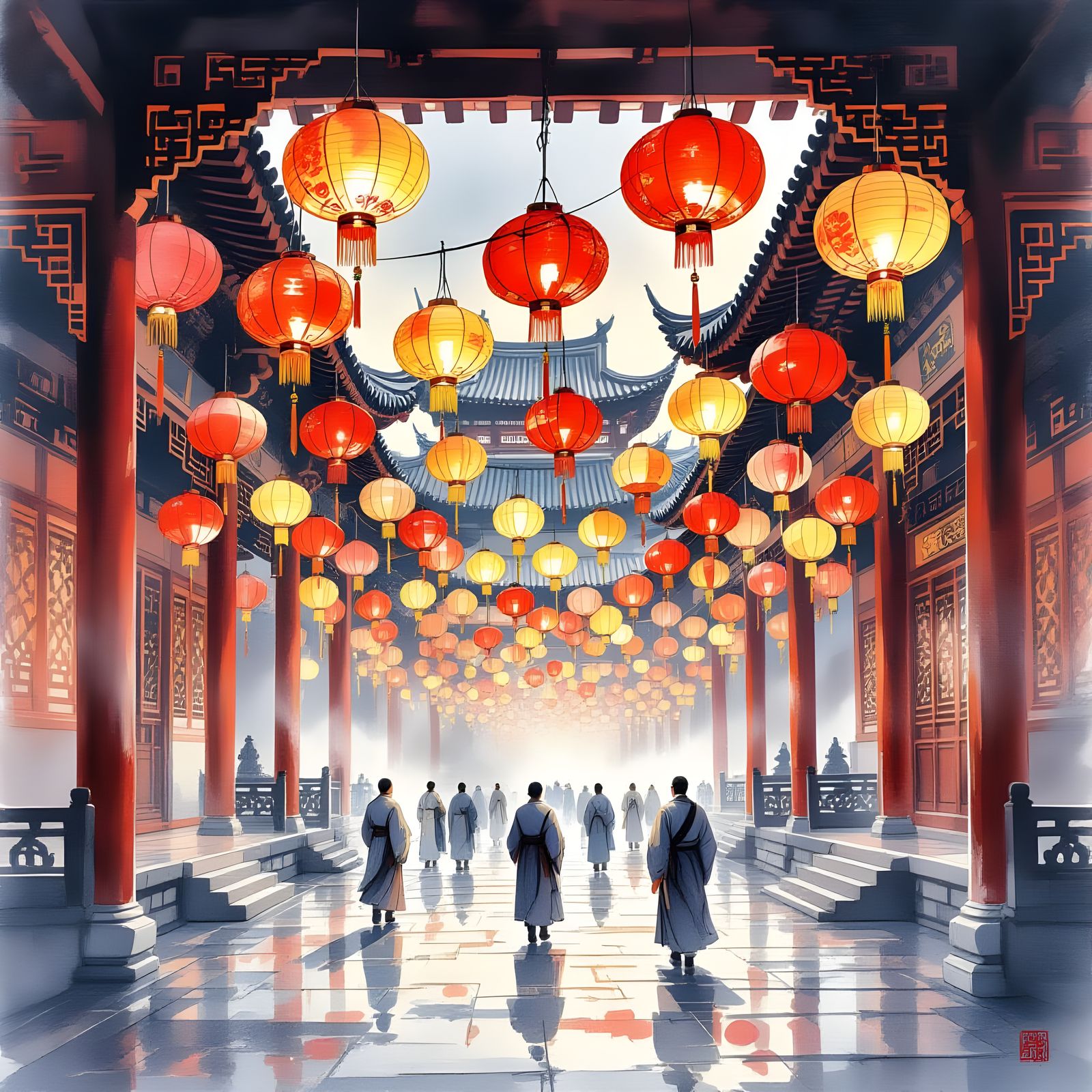 Ancient Temple Courtyard Aglow with Lanterns in Chinese Wate...