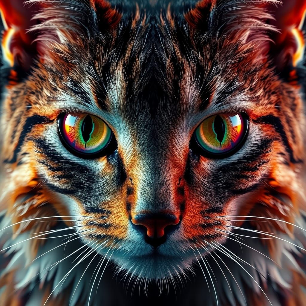 Surreal Psychedelic Cat Face in Detailed Sci-Fi Style
