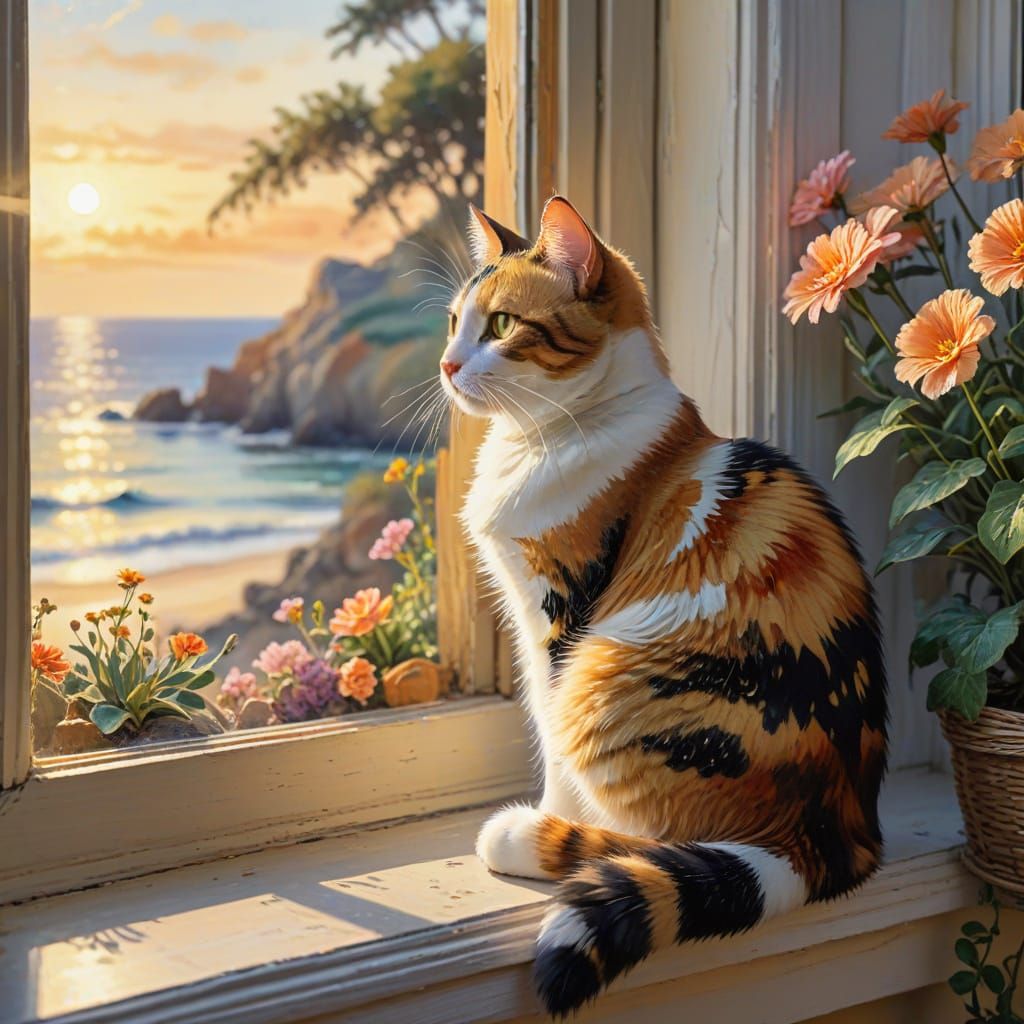 Calico Cat Seascape in Impressionist Watercolor