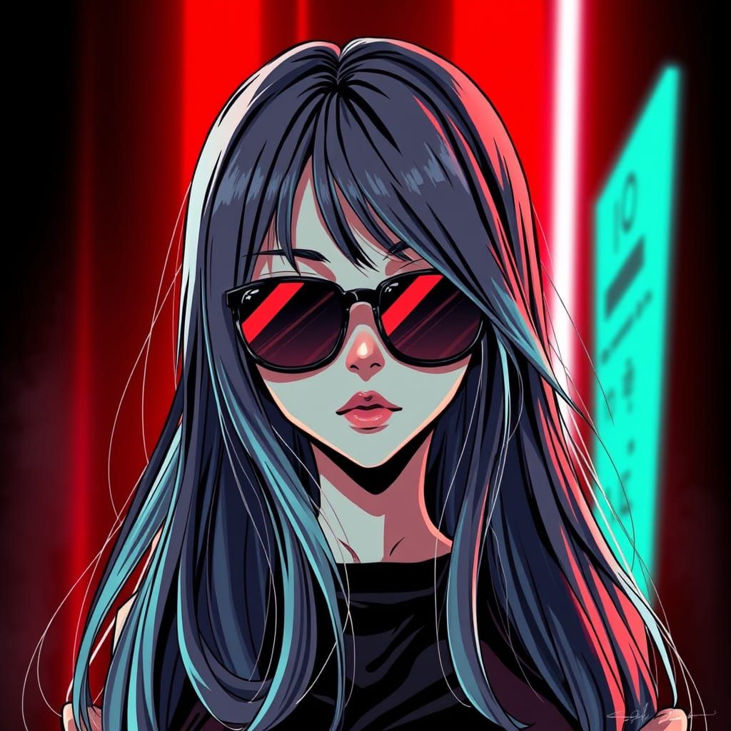 Girl in Trendy Shades Amidst Vibrant Red and Black Lighting