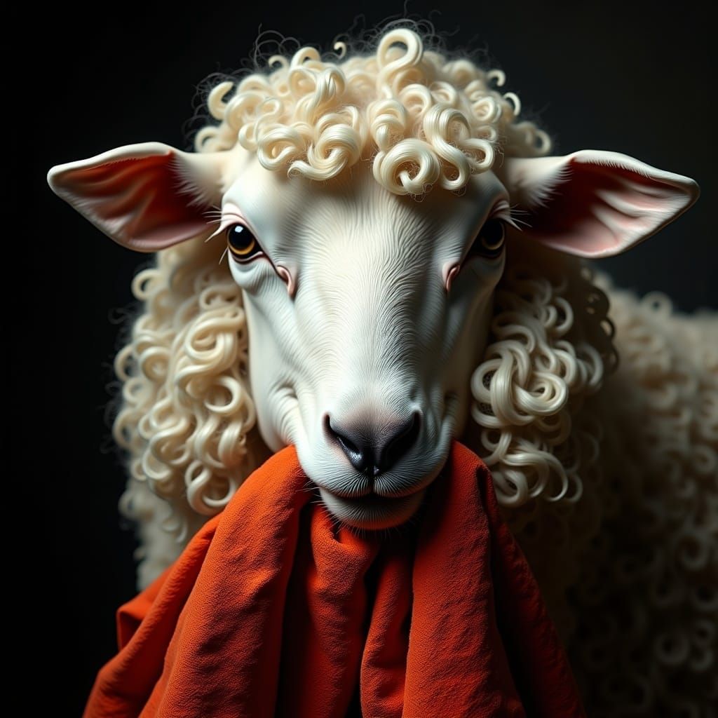 Sheep Chewing Scarf in Chiaroscuro Style