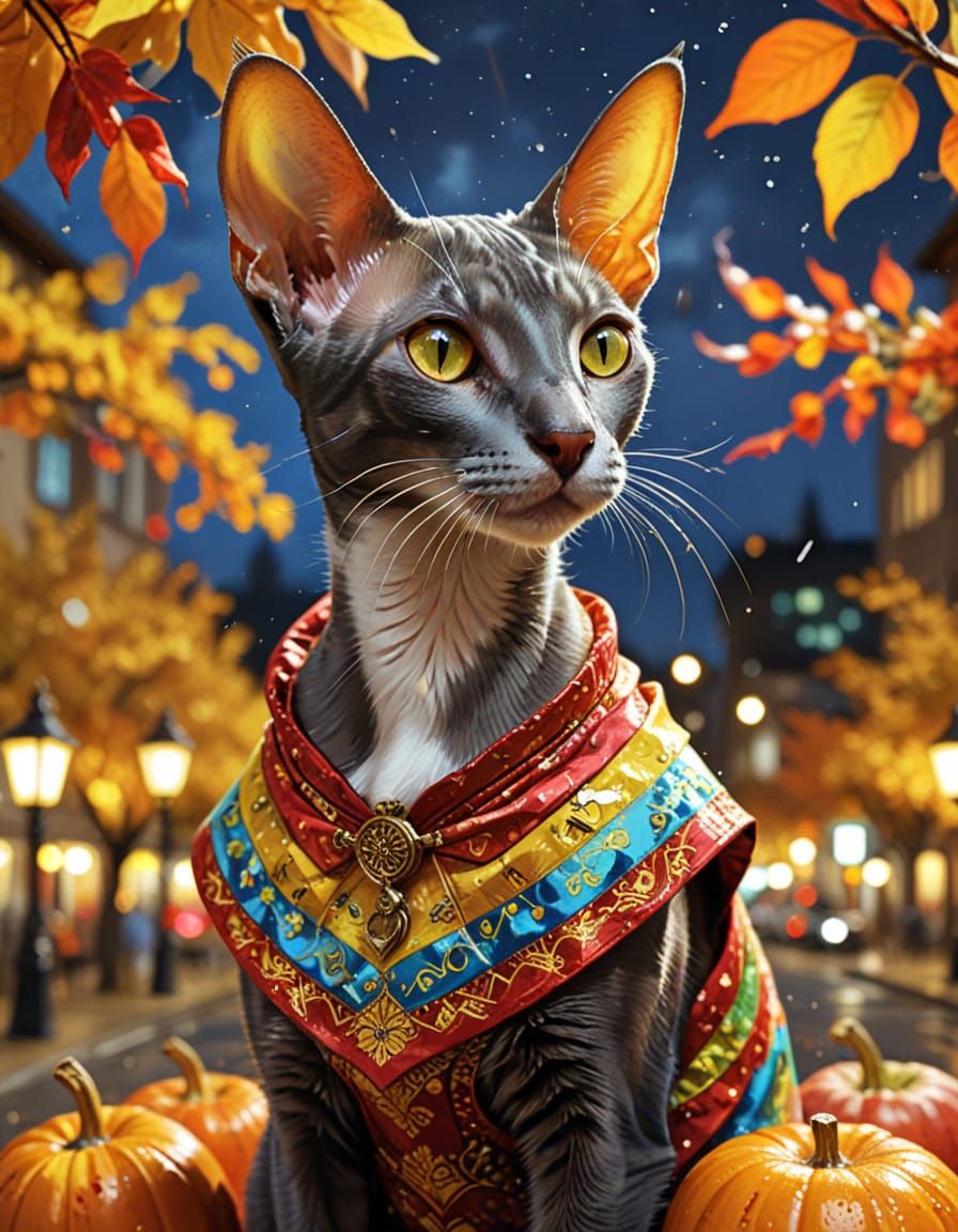 Oriental Shorthair Cat Enjoying Autumn Harvest