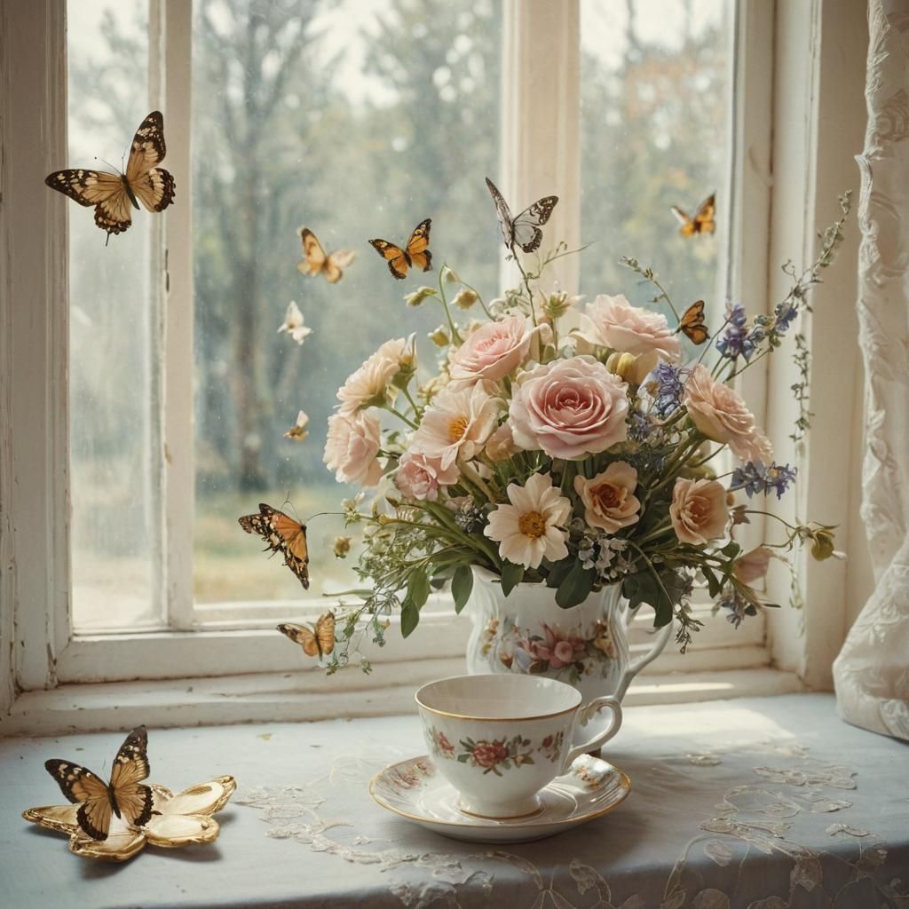 Surreal Still Life with Flowers and Butterflies