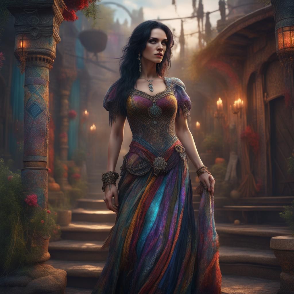 Mysterious Dark-Haired Beauty in Colorful Dress