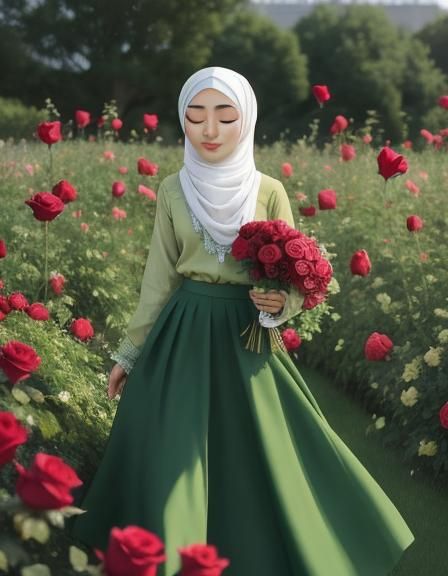 Beautiful Hijabi Woman with Rose in Romantic Setting
