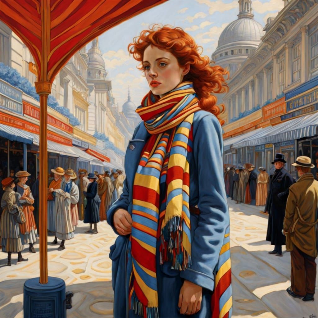 Wanderer in City with Colorful Scarf