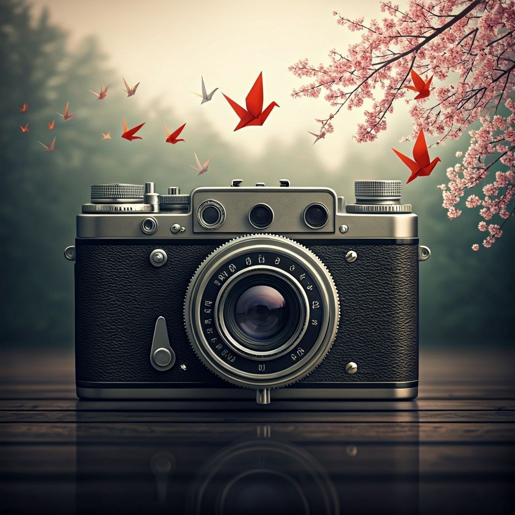 Vintage Camera Captures Origami Birds in Japanese Garden