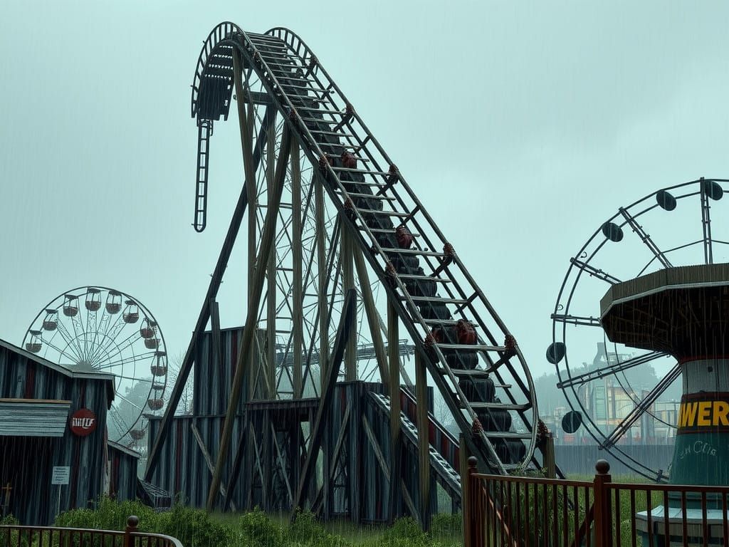 Dilapidated Roller Coaster in Abandoned Amusement Park