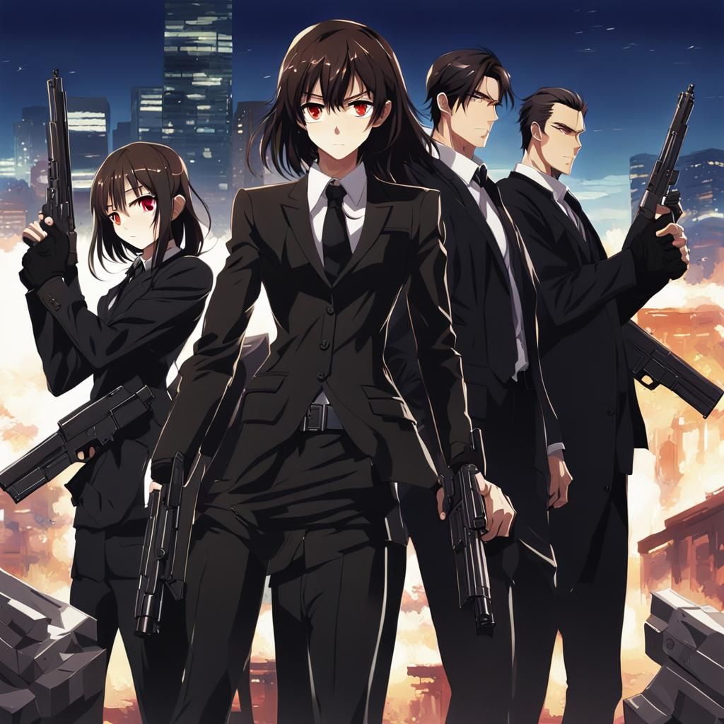 Anime Girl in Black Suit with Gun