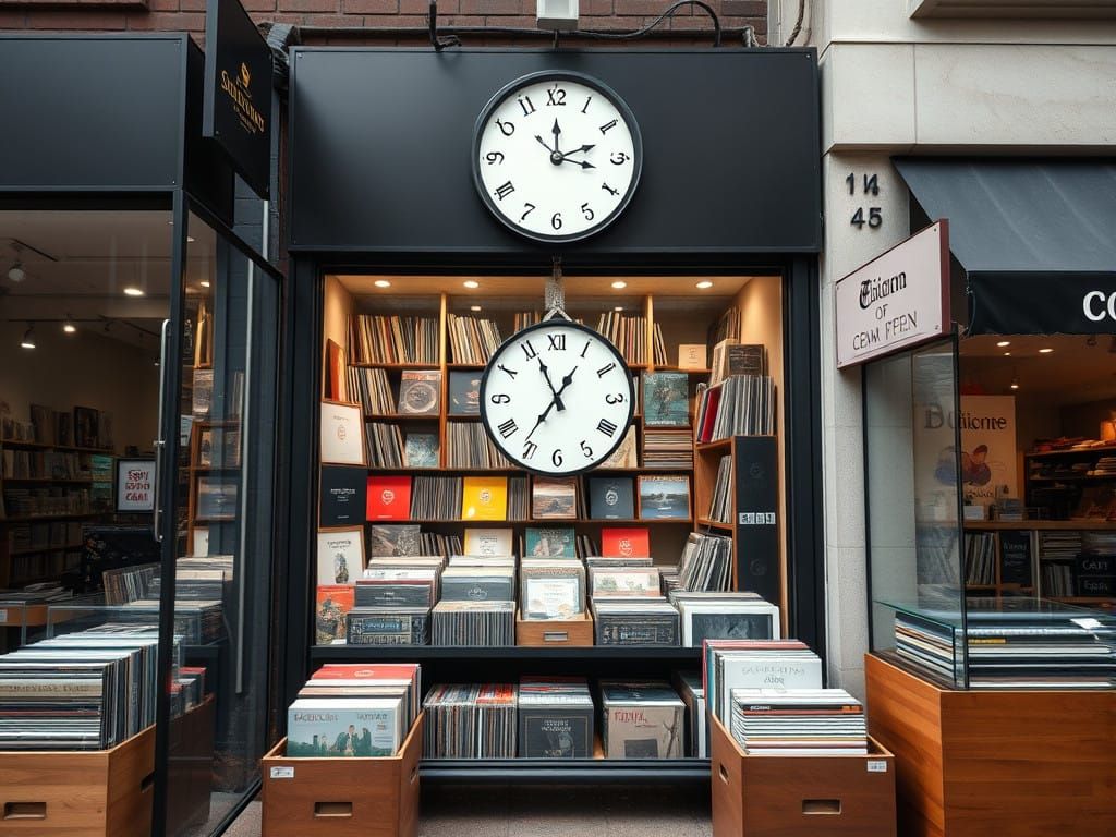 Vintage Music Shop with Clock Logo in Urban Setting