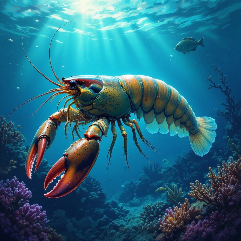 Surreal Tadpole-Lobster Hybrid in Bioluminescent Reef