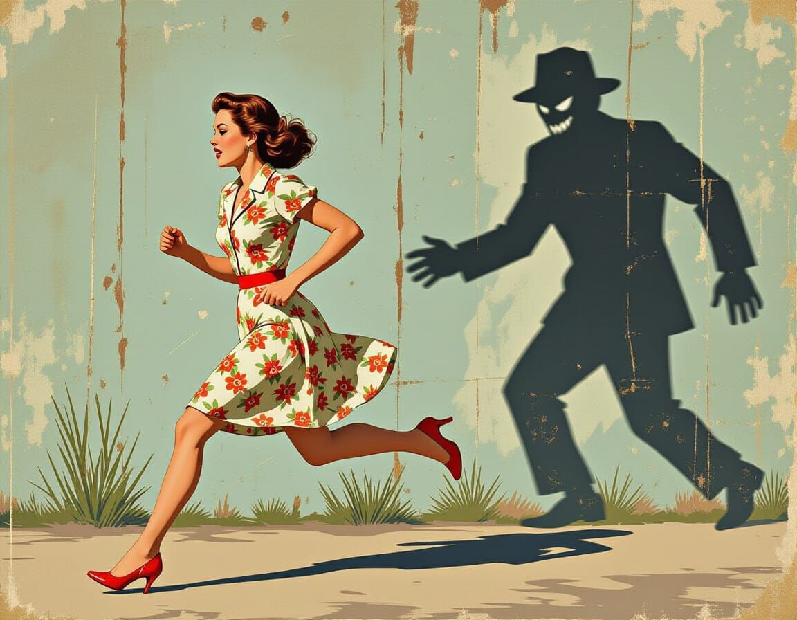 Woman Running from Danger in 1940s Cinematic Style