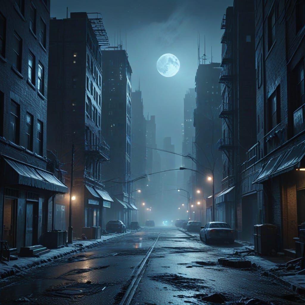 Apocalyptic City Under Blue Moon: Vivid Digital Art