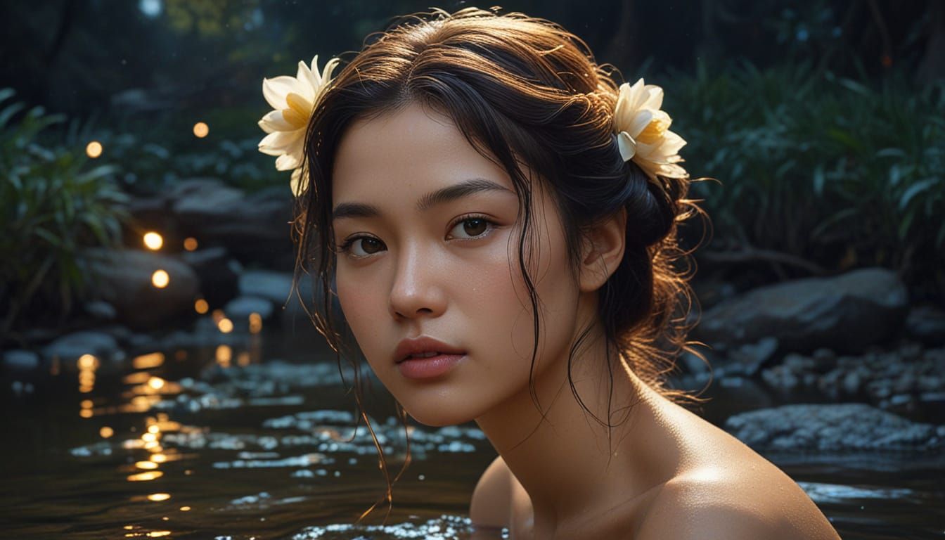 Moonlit Asian Woman Portrait in Neoclassical Style