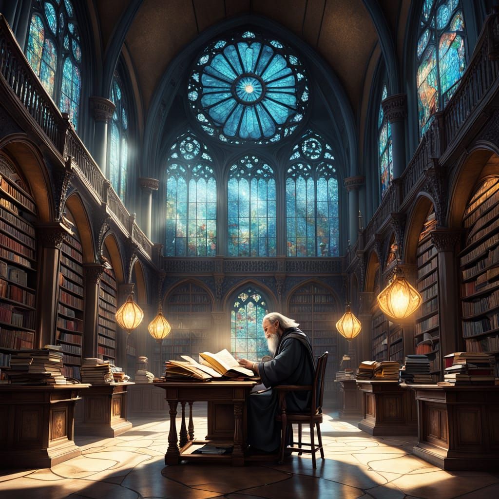 Ancient Wizard Studies Magic Tome in Art Nouveau Library