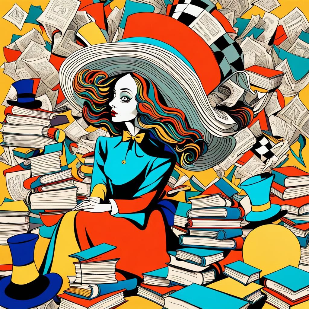 Surreal Woman Surrounded by Whimsical Hats and a Bookish Mad...
