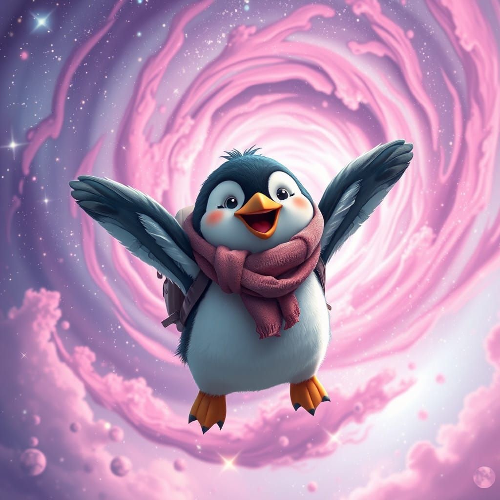 Surreal Penguin Soars Through Cosmic Sky in Vibrant, Whimsic...