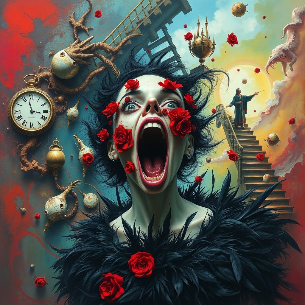 Distorted Woman in a Surreal Landscape of Red Flowers and Me...