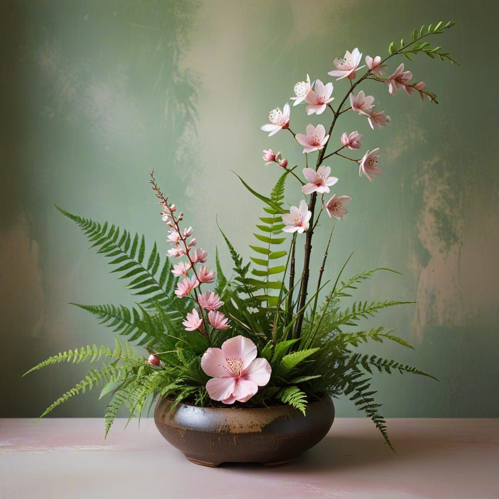 Ikebana Arrangement: Cherry Blossoms and Bamboo Art
