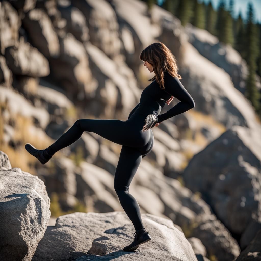 Woman in Spandex Climbing Rocks at Yellowstone