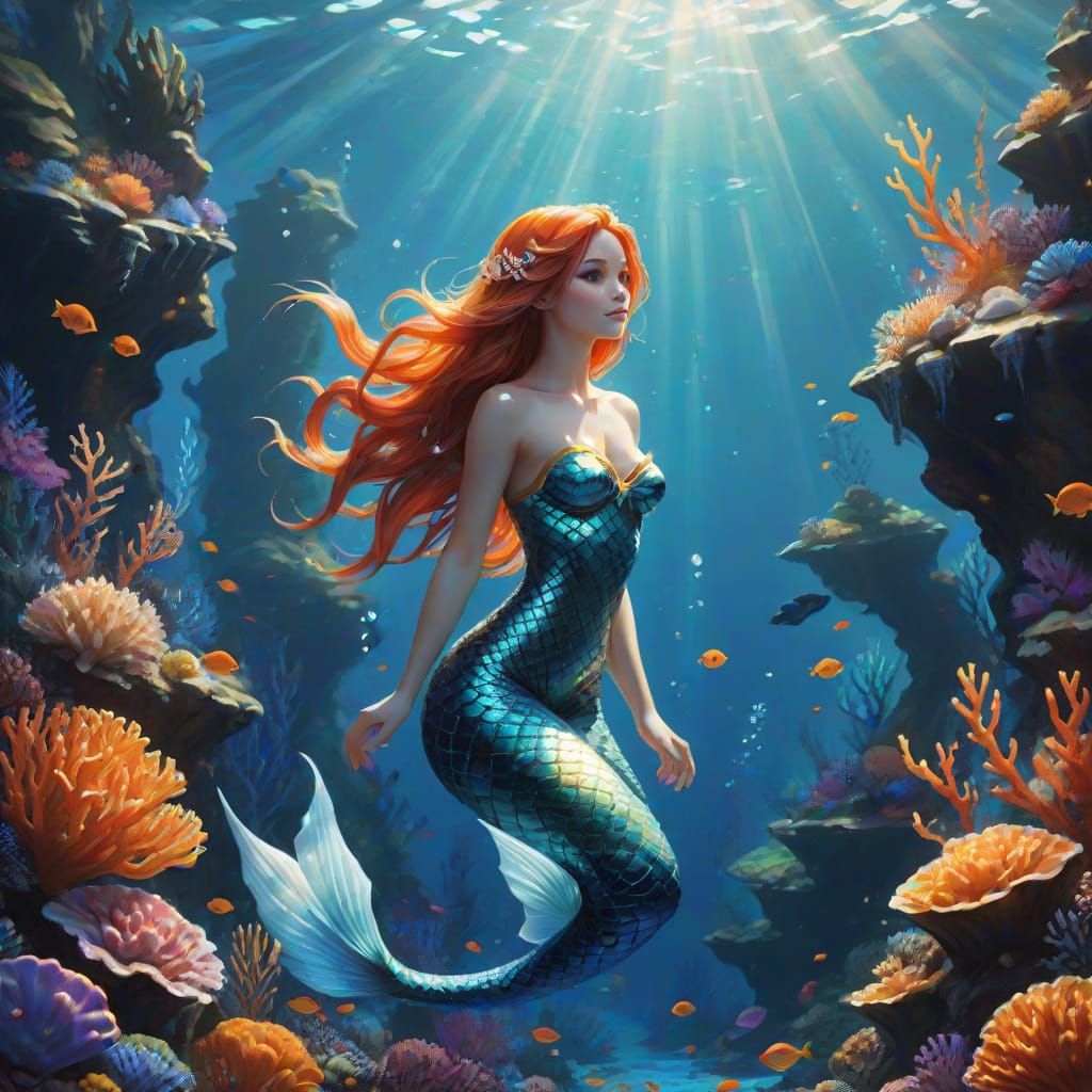Vibrant Mermaid in Coral Reef Digital Painting