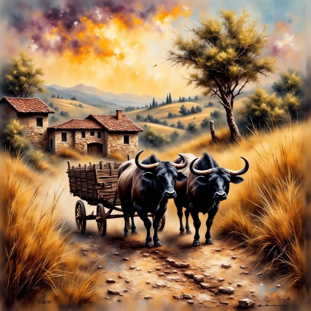 Buffalo Cart on Dusty Road: Impasto Oil Painting