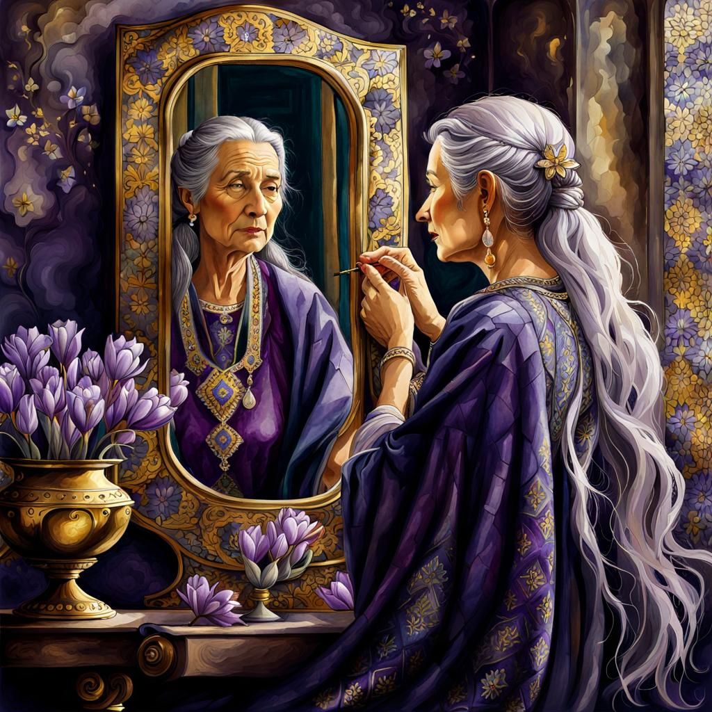 Surreal Watercolor: Old Lady and Youthful Reflection