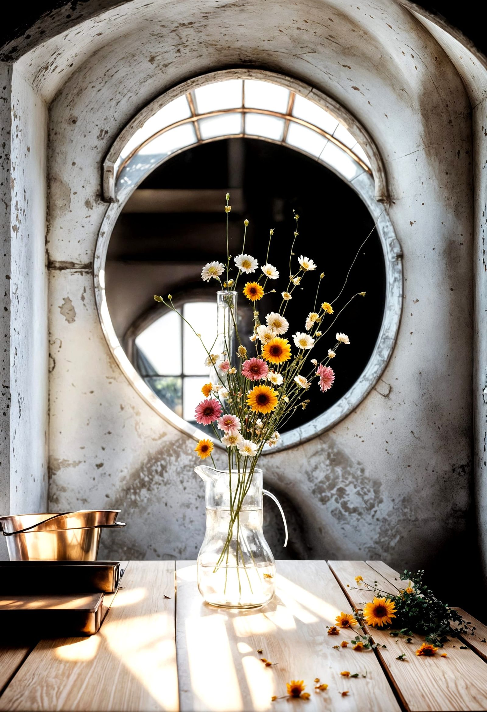 Copper Bucket of Flowers by Window, Photorealism