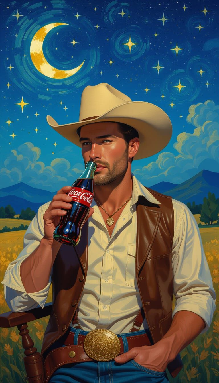 Fantastical Cowboy Drinks Coca-Cola Under Starry Night