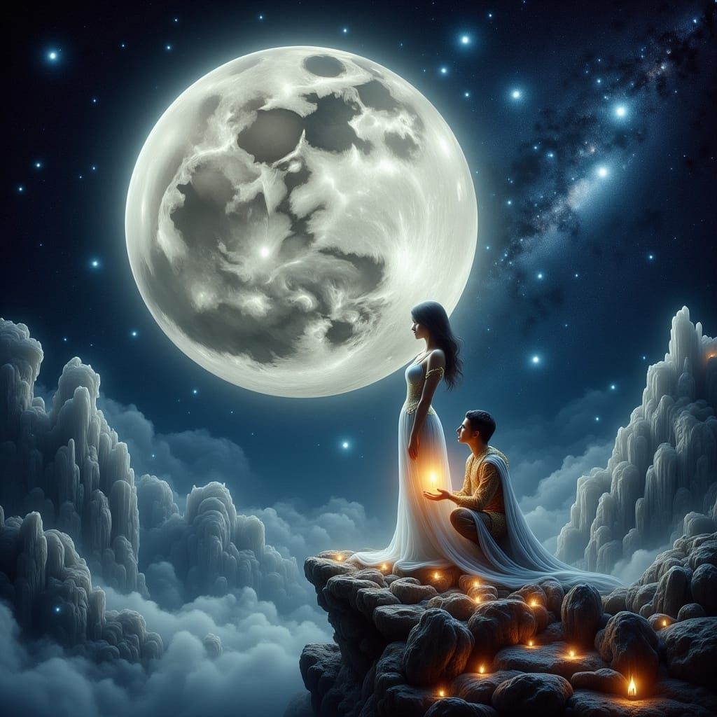 Romantic Couple Under Moonlit Sky in Fantasy Art Style