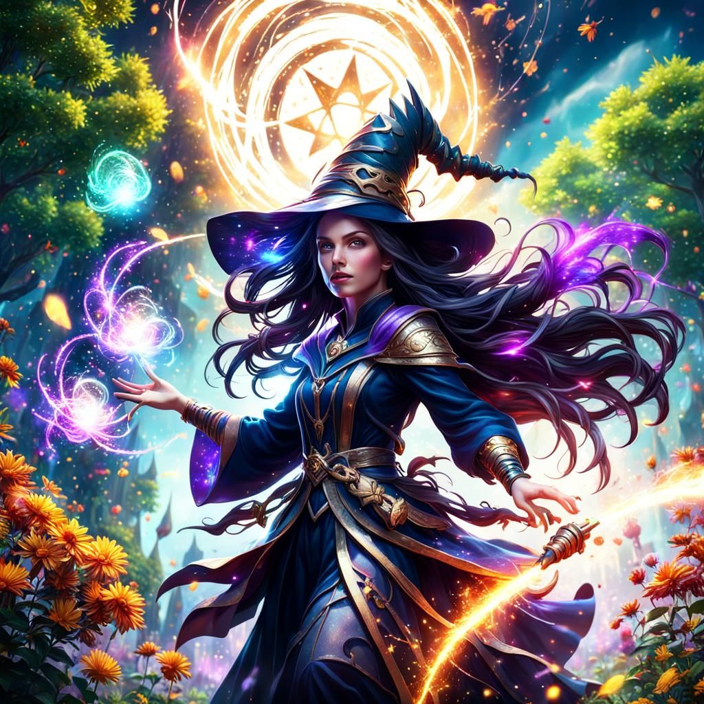 Enchanting Witch with Magical Particles in Fantasy Garden