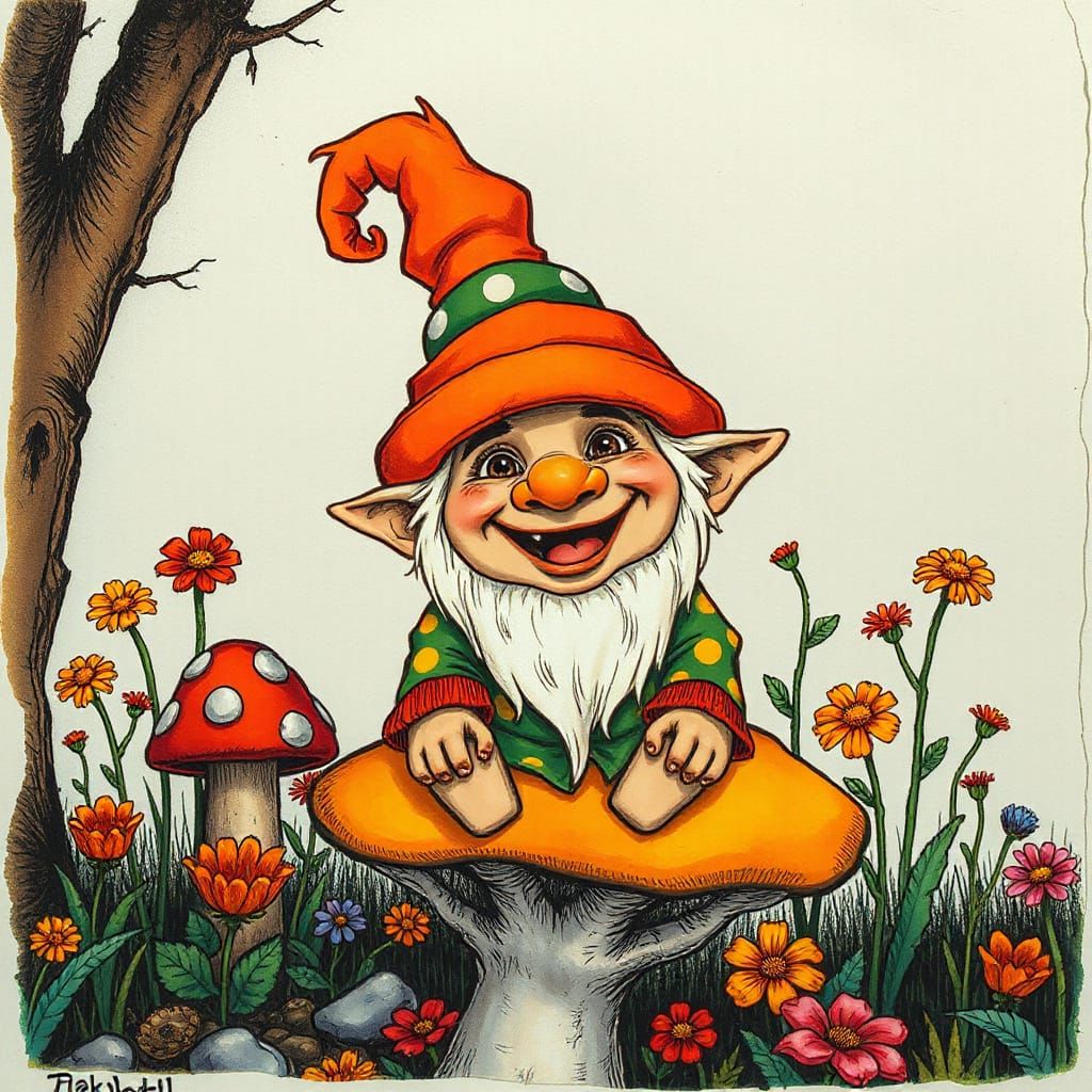 Whimsical Troll on Mushroom, Ink Painting Style