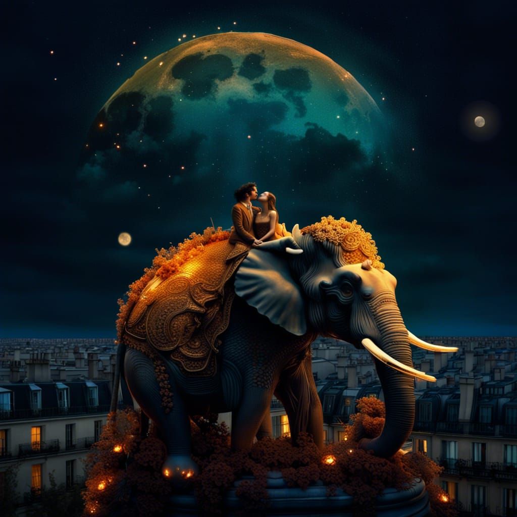 Lovers on Porcelain Elephant in Enchanted Paris