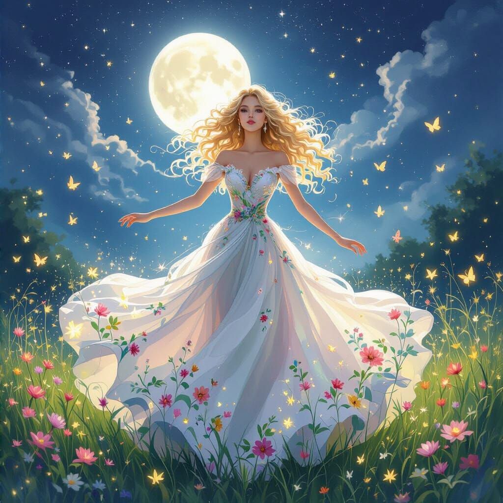 Ballroom Gown Woman Dancing in Moonlight Garden