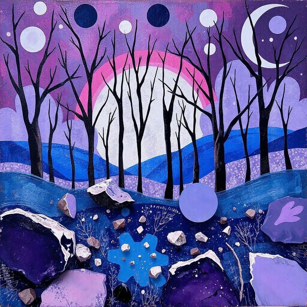 Surreal Amethyst Landscape in Naive Art Style