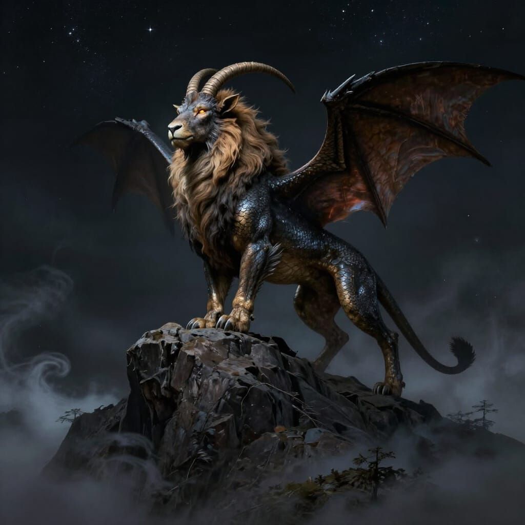 Chimera Beast on Mountain Peak in Dark Fantasy Style