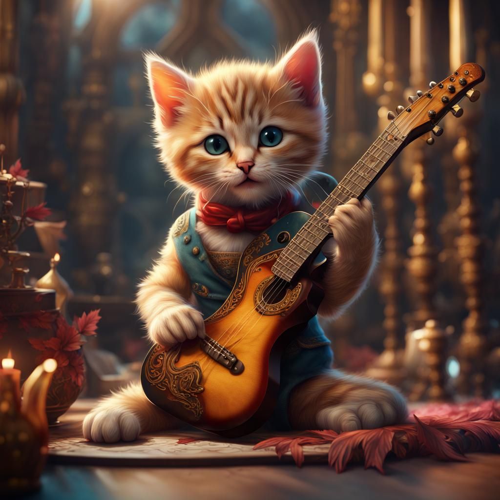 Kittens Playing Guitar in Detailed Digital Painting