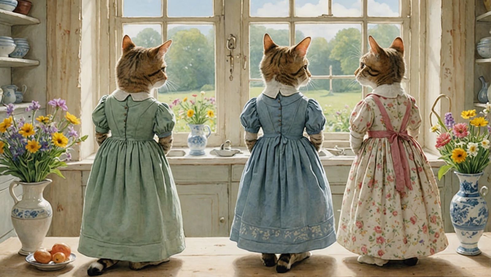 Whimsical Cats in Kitchen Watercolour Painting