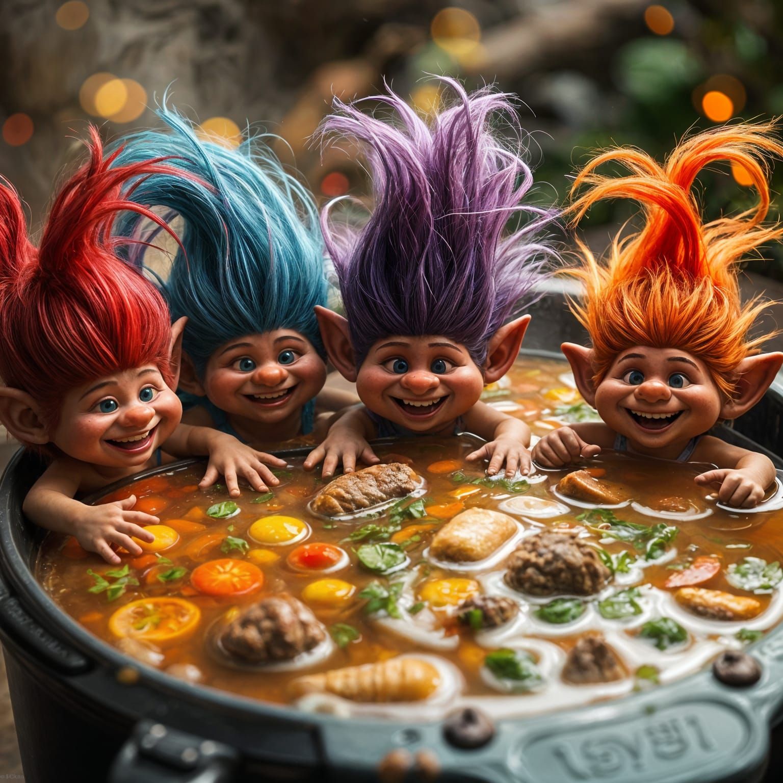 Mischievous Trolls Frolic in Rainbow Soup