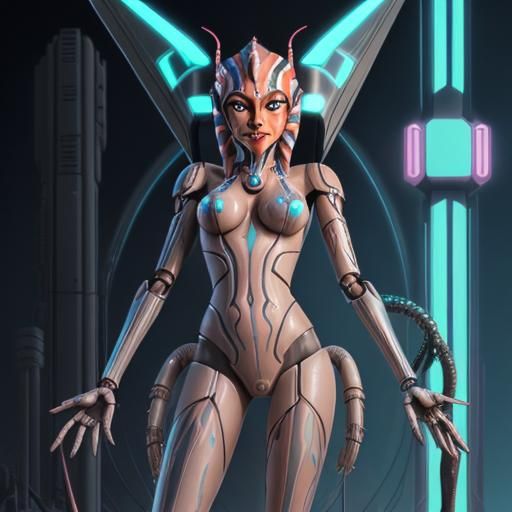 Ahsoka with Robotic Tentacles in Synthwave Style