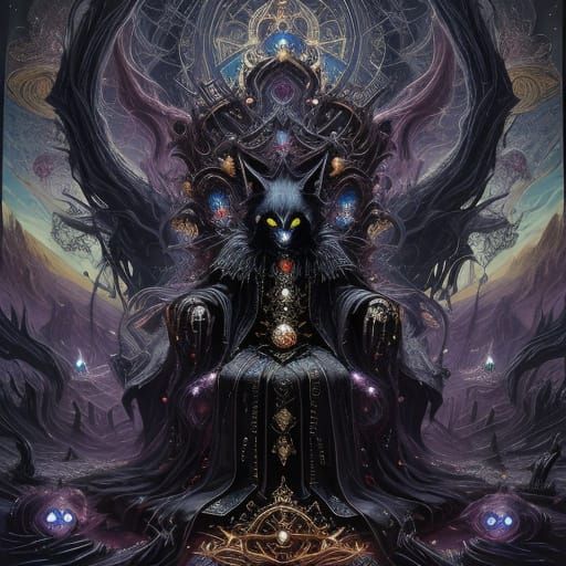 Surreal Cat King on Throne in Cosmic Landscape