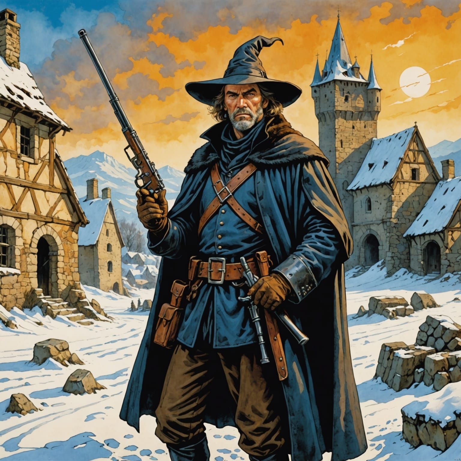 Medieval Witch Hunter in Snowy Ruins