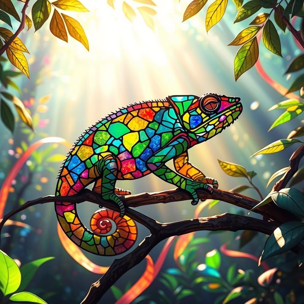 Iridescent Stained Glass Chameleon in Prism Jungle
