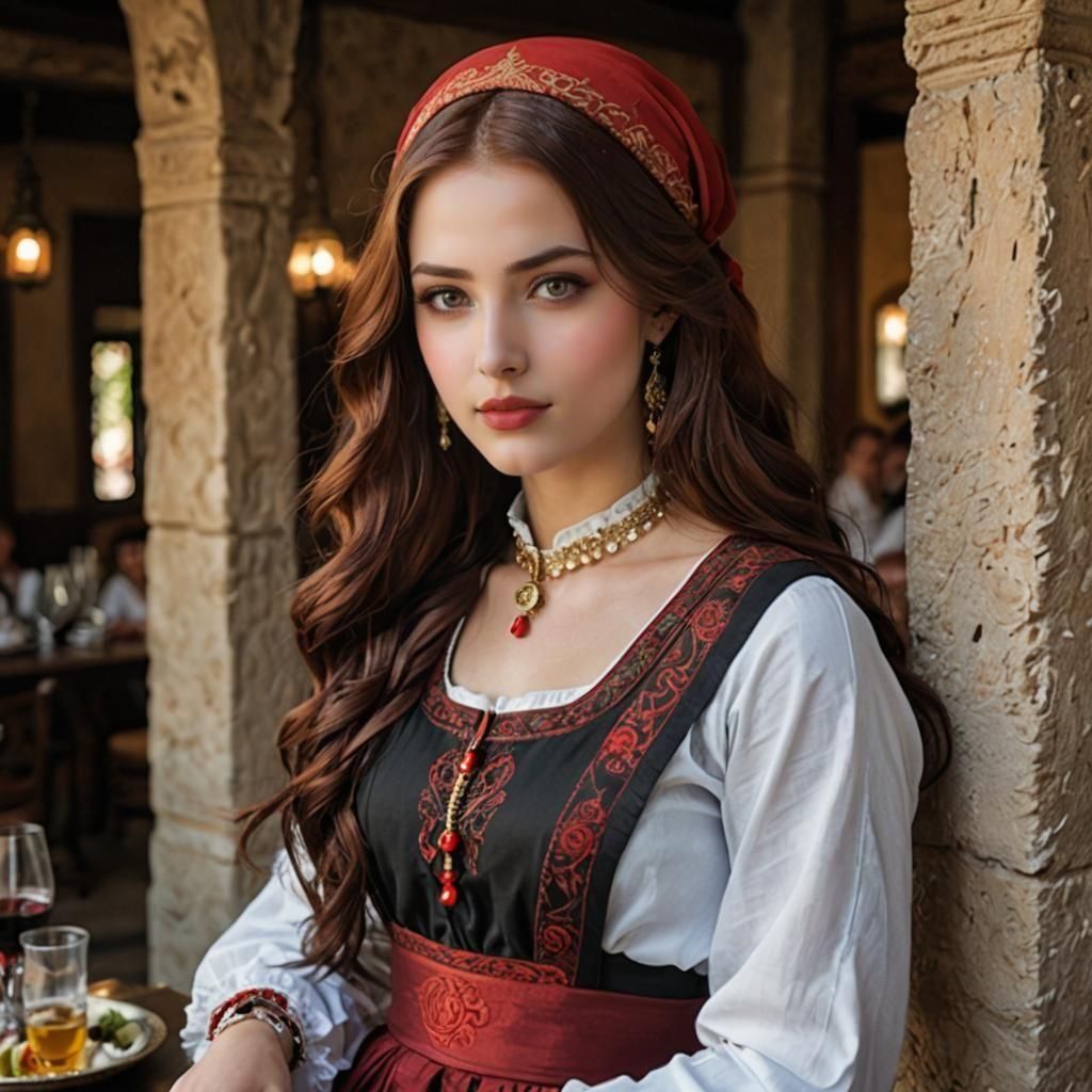 Beautiful Red-Haired Waitress in Historical Turkish Inn