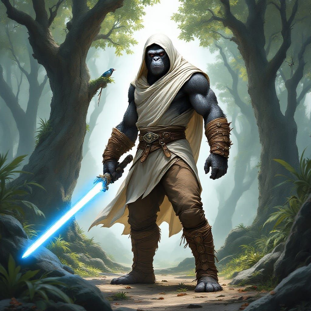 Majestic Gorilla Jedi Warrior in Jungle Clearing
