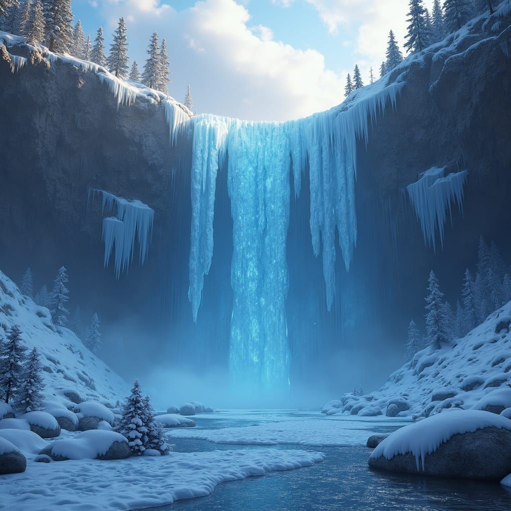 Crystal Ice Frozen Loop Waterfall in Hyperrealistic Detail